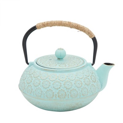 Light Blue Floral Cast Iron Japanese Teapot with Infuser and Trivet