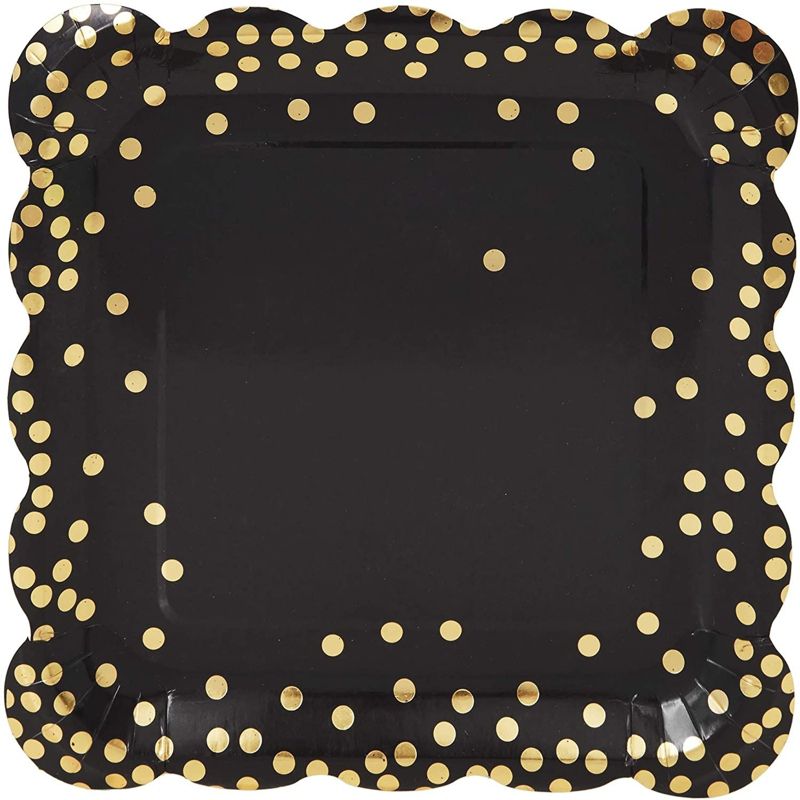 Sparkle and Bash 48-Pack Black Gold Polka Dot Square Disposable Paper Dinner Plates Scalloped Edge, Party Supplies 9", 3 of 5