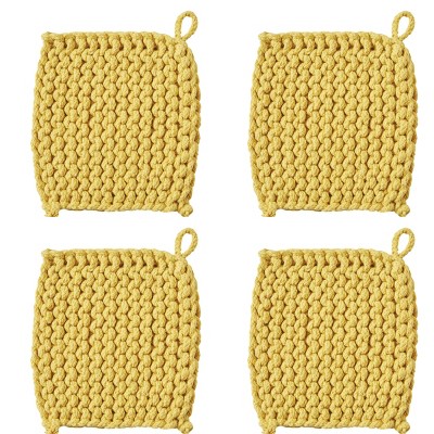 TAG Yellow Crocheted Cotton Trivet Potholder – 8"x8", Heat-Resistant with Hanging Loop, Machine Washable, Protect Hands and Surfaces Set of 4