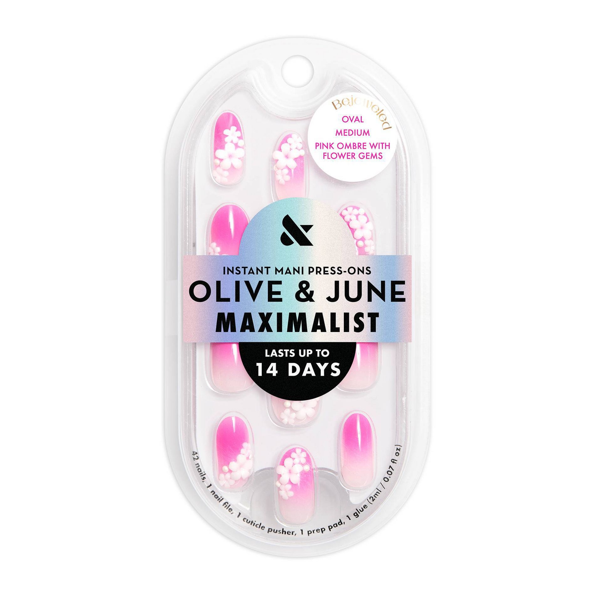 Olive & June Press-On Fake Nails - Maximalist Jewelry - M Oval - Pink Ombre with Flower Gems - 42ct