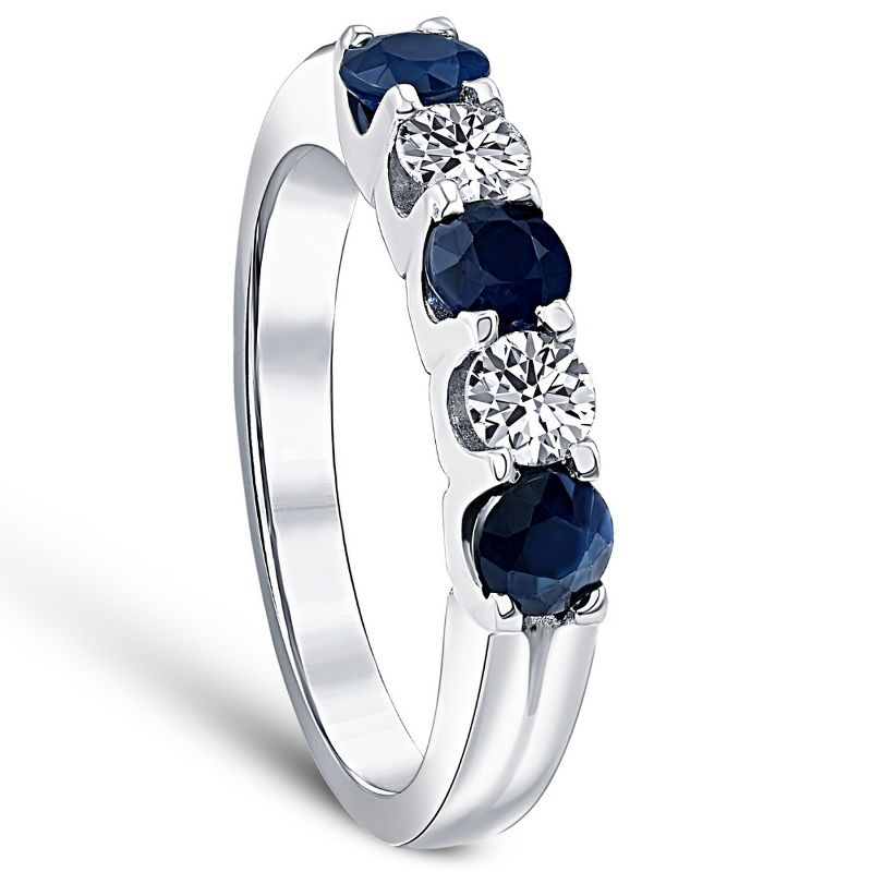 Pompeii3 1 Ct Blue Sapphire Diamond Five Stone Wedding Anniversary Ring 14K White Gold, 3 of 6