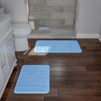 Bathroom Rug Set-2-Piece Memory Foam Bath Mats-Striped Microfiber Top-Non-Slip Absorbent Runner for Bathroom or Kitchen by Hastings Home (Blue)