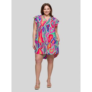 24seven Comfort Apparel Plus Size Multicolor Print V Neck Cap Sleeve Knee Length Pocket Dress - 1 of 4