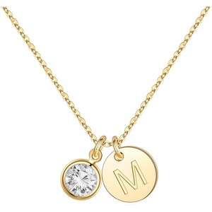 Personalized Birthstone Necklace 14K Gold Plated Initial Disc Jewelry Gift - 1 of 4