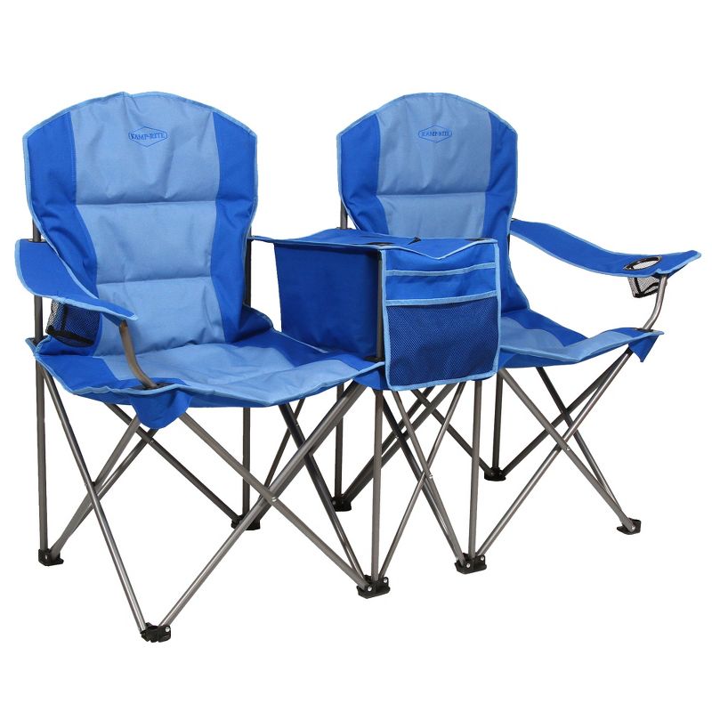 Kamp-Rite Portable 2 Person Double Folding Collapsible Padded Outdoor Lawn Beach Chair with Cooler for Camping Gear, Tailgating, & Sports, 2-Tone Blue, 1 of 7