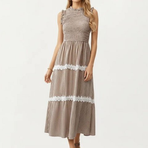 Женские платья Anna-Kaci Women's Sleeveless Smocked Midi Dress with Ruffle Armholes and Lace Trim Panels - Large, Brown