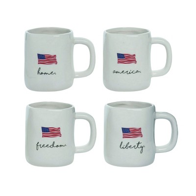 Transpac America The Beautiful USA Flag Sentiment Ceramic Mug Set of 4, Dishwasher Safe