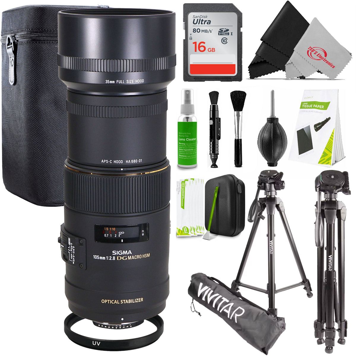 Sigma 105mm f/2.8 EX DG OS HSM Macro Lens for Nikon DSLR + 62mm UV Filter + 16GB Card + 62" Tripod