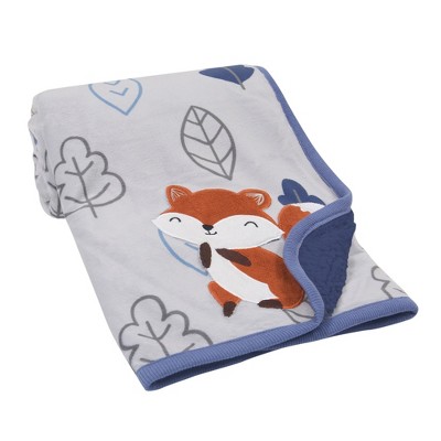 Lambs & Ivy Little Campers Blue/Gray Fox with Leaves Sherpa Baby Blanket