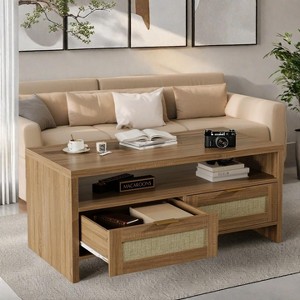 2 Tiers Boho Coffee Table with Storage,40” Mid Century Rattan Console Table with Drawers and Open Shelf - 1 of 4