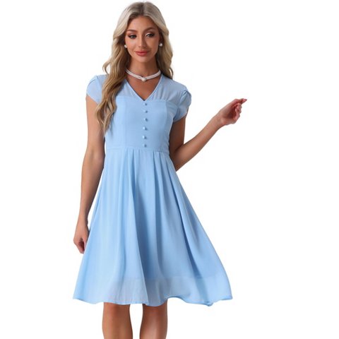 Женские платья INSPIRE CHIC Women's Vintage V Neck Cap Sleeve Elegant Chiffon A-Line Dresses Light Blue X-Large