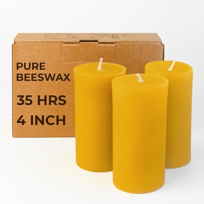 Pure Beeswax Pillar Candles - 1.8x4 inch Set of 3 - Yellow, 34.5 Hour Burning, Handmade, Smokeless, Natural Home Decor