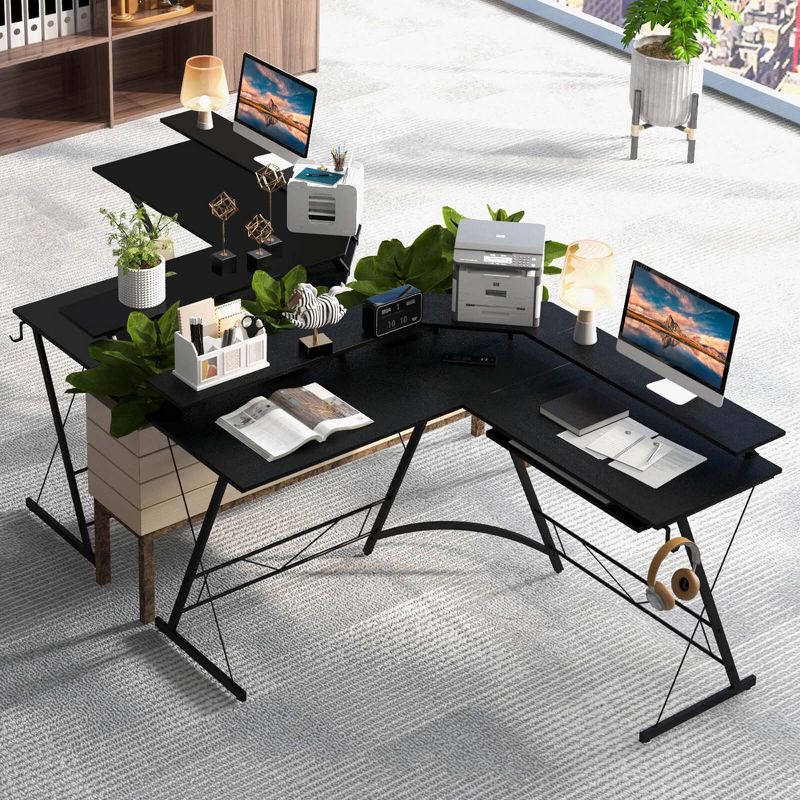 Costway L-shaped Computer Desk with Power Outlet 51" Corner Computer Workstation Rustic Brown/Black, 2 of 11