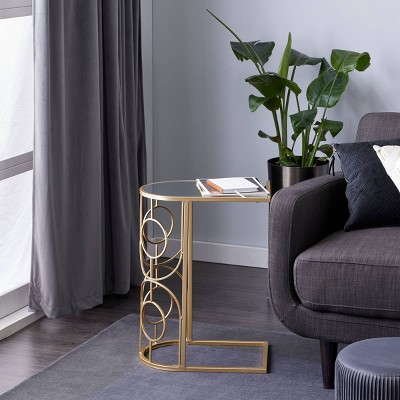 Gold Metal and Mirrored Glass C-Shaped Accent Table