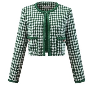 Hobemty Women's Tweed Round Neck Open Front Plaid Houndstooth Blazer - 1 of 4