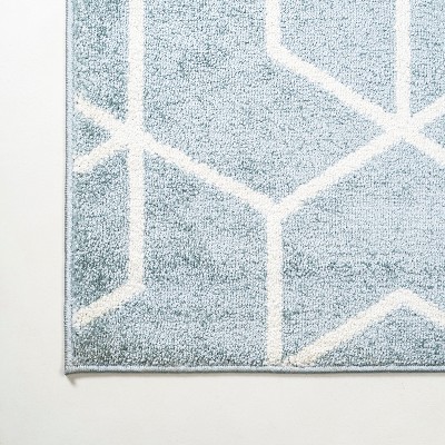 Scandinavian Geometric Light Blue & White Flatweave Runner Rug 2x8