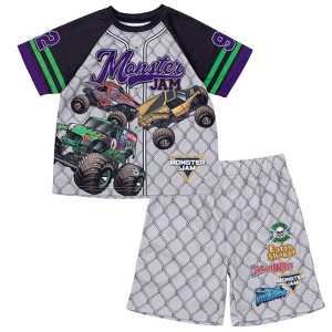 Monster Jam Grave Digger Megalodon Digatron Mesh Baseball Jersey Athletic T-Shirt and Shorts Outfit Set Toddler - 1 of 4