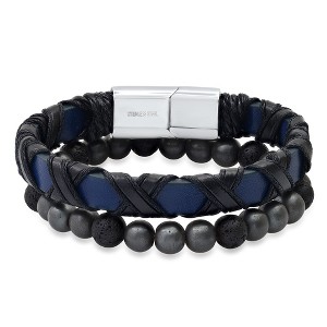 Steeltime Men's 2pc set blue/black braided leather and stainless steel and black lava/stainless steel beaded bracelet - 1 of 4