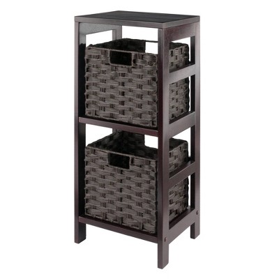 espresso wooden storage cabinet with wicker baskets from