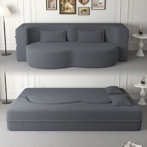 Okak Modern Convertible Sectional Sofa Couch Floor Sofa with 2 Pillows Teddy Fabric Upholstered Sofa Folding Mattress No Assembly Required, Gray - 1 of 4