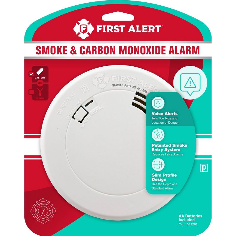 First Alert PRC700V Battery Powered Slim Smoke &#38; Carbon Monoxide Detector with Voice Location and Photoelectric Sensor, 1 of 9