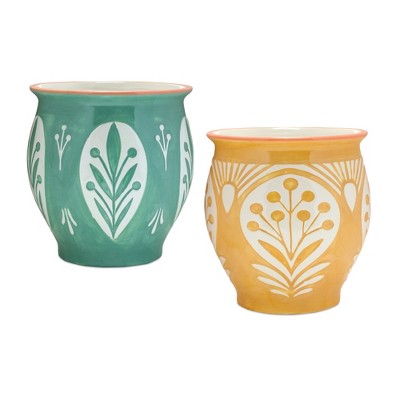HomeRoots Set of Two Green And Yellow Ceramic 8 Ounce Geo Floral Pot Planters