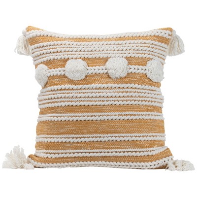 Braided Striped Hand Woven 20x20" Decorative Cotton Throw Pillow with Hand Tied Tassels and Pom Poms - Foreside Home & Garden