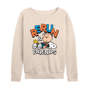 Women's - Peanuts - Rerun And Friends -Women's French Terry Long Sleeve Shirt Lightweight French Terry Wide Neck Long Sleeve Shirt - 1 of 4