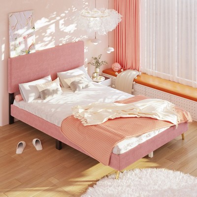 Queen Size Corduroy Upholstered Bed Frame, Platform Bed with Horizontal Stripe Headboard, 4Q-ModernLuxe