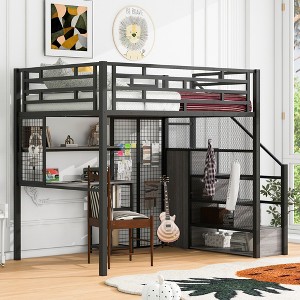TIRAMISUBEST Full Size Metal Loft Bed with Open Wardrobe, Modern Storage Bed Frame with Mesh Board, Desk and Shelves - 1 of 4