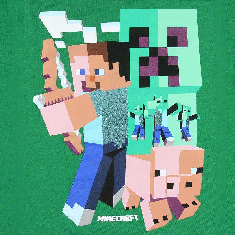 Minecraft Big Boy's T-Shirt Steve Pickaxe Pig Zombies Graphic Green, 2 of 5