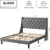 Upholstered Platform Bed w/ Charging Station, Wingback Headboard & Storage Shelf, Linen Fabric, Light Gray (Full/Queen/King) - 3 of 4