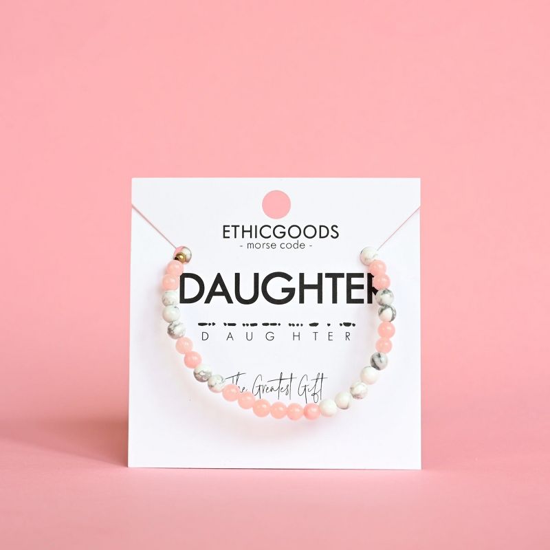 ETHIC GOODS Women's 4mm Morse Code Bracelet [DAUGHTER] - Mother of Pearl & Pink Rhodonite, 3 of 8
