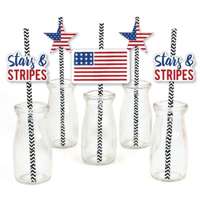 Big Dot of Happiness Stars & Stripes - Paper Straw Decor - Memorial Day, 4th of July & Labor Day USA Patriotic Party Striped Decor Straws - Set of 24