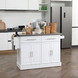 Resenkos Portable Kitchen Island with Stainless Top, Drawers & Spice Racks, White - 1 of 4
