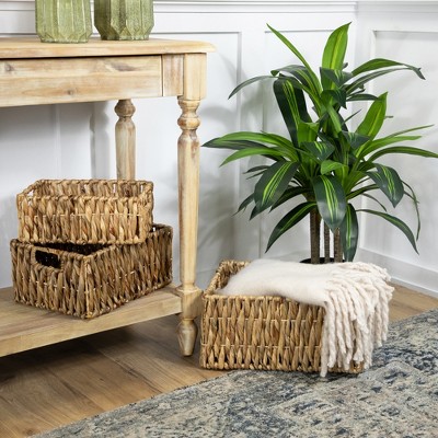 Set of 3 Brown Water Hyacinth Woven Storage Baskets with Built-in Handles