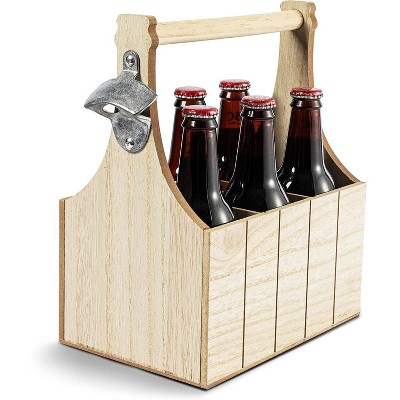 Wooden Bottle Caddy with Opener for Beers (6 Compartments)
