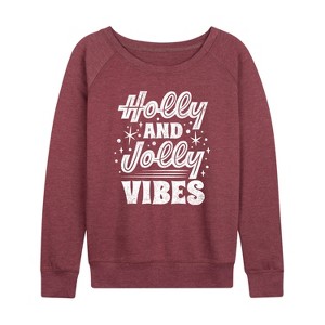 Women's - Instant Message - Holly And Jolly Vibes Christmas Lightweight French Terry Wide Neck Long Sleeve Graphic Shirt - 1 of 4