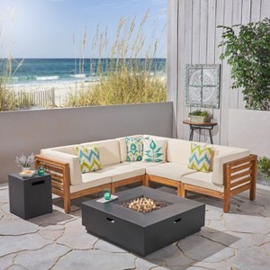 Christopher Knight Home Malawi Outdoor Acacia Wood 5 Seater Sectional Sofa Set with 50,000 BTU Iron Fire Pit - 1 of 4
