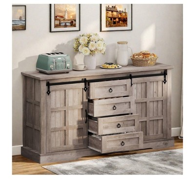 Farmhouse Sideboard Buffet Cabinet, Freestanding Cabinet With Shelves, Large Kitchen Cabinet with Sliding Barn Doors and 4 Drawers, Grey