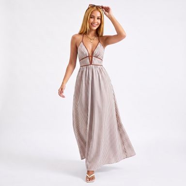 empire cut maxi dress Anna-Kaci Women's Halter Deep V Cut-out Striped Waist Dress-Medium, Brown : Target Length Calvin Klein Satin Slip Size:Slim 4 Colour-Black