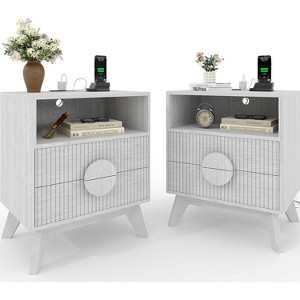 Fluted Night Stand,Wood Tall Nightstands with Outlets, Nightstand Bedside Table End Table with 2 Drawers,Open Shelf,Feet for Bedroom,Living Room - 1 of 4