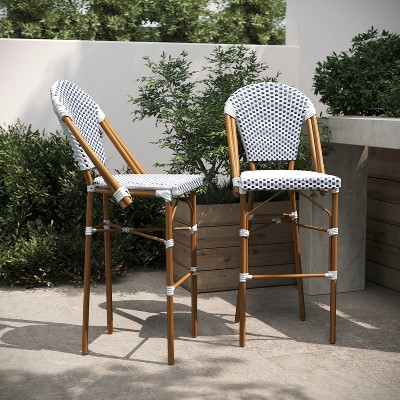 Lourdes White and Navy Rattan Bistro Bar Stools, Set of 2