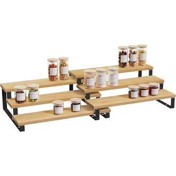 SONGMICS Spice Rack, Set of 2 Cabinet Shelf Organizers, 3-Tier Extendable Spice Holder, Bamboo, for Pantry, Cupboard, Countertop, Natural and Black