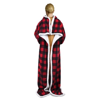 Red Check Sherpa Fleece Wearable Blanket with Sleeves
