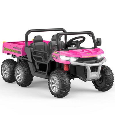 Blue 24V Kids Battery Powered Electric Tractor 6 Wheels Ride On Car With Tipping Bucket Remote Control Led Lights And Music Blue