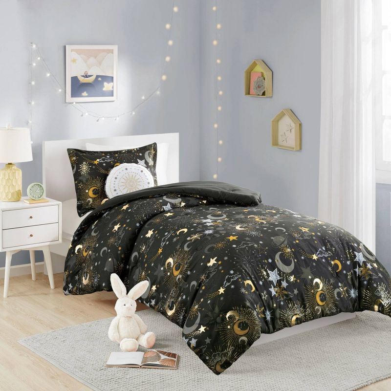 Isabel Starry Sky Metallic Kids' Comforter Set with Throw Pillow Charcoal Gray - Mi Zone, 2 of 14