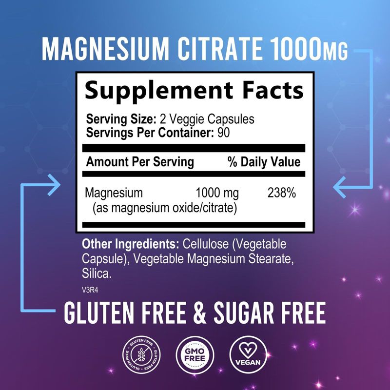 Health Nutrition Naturals Magnesium Citrate Capsules 1000mg - Max Absorption Magnesium Powder Capsules, 3 of 11