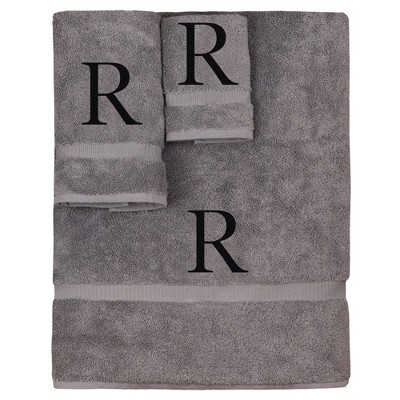 BC BARE COTTON Monogrammed Towel Set, Personalized Gift, Set of 3 - Gray - Black Block