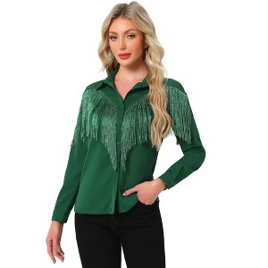 INSPIRE CHIC Women's Fringe Long Sleeve Button Down Disco Party Shirts - 1 of 4